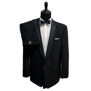 Vtg Christian Dior 2 Pc Tuxedo Mens 46L 38x31 Satin Trim Waist Cinch Tab Formal
